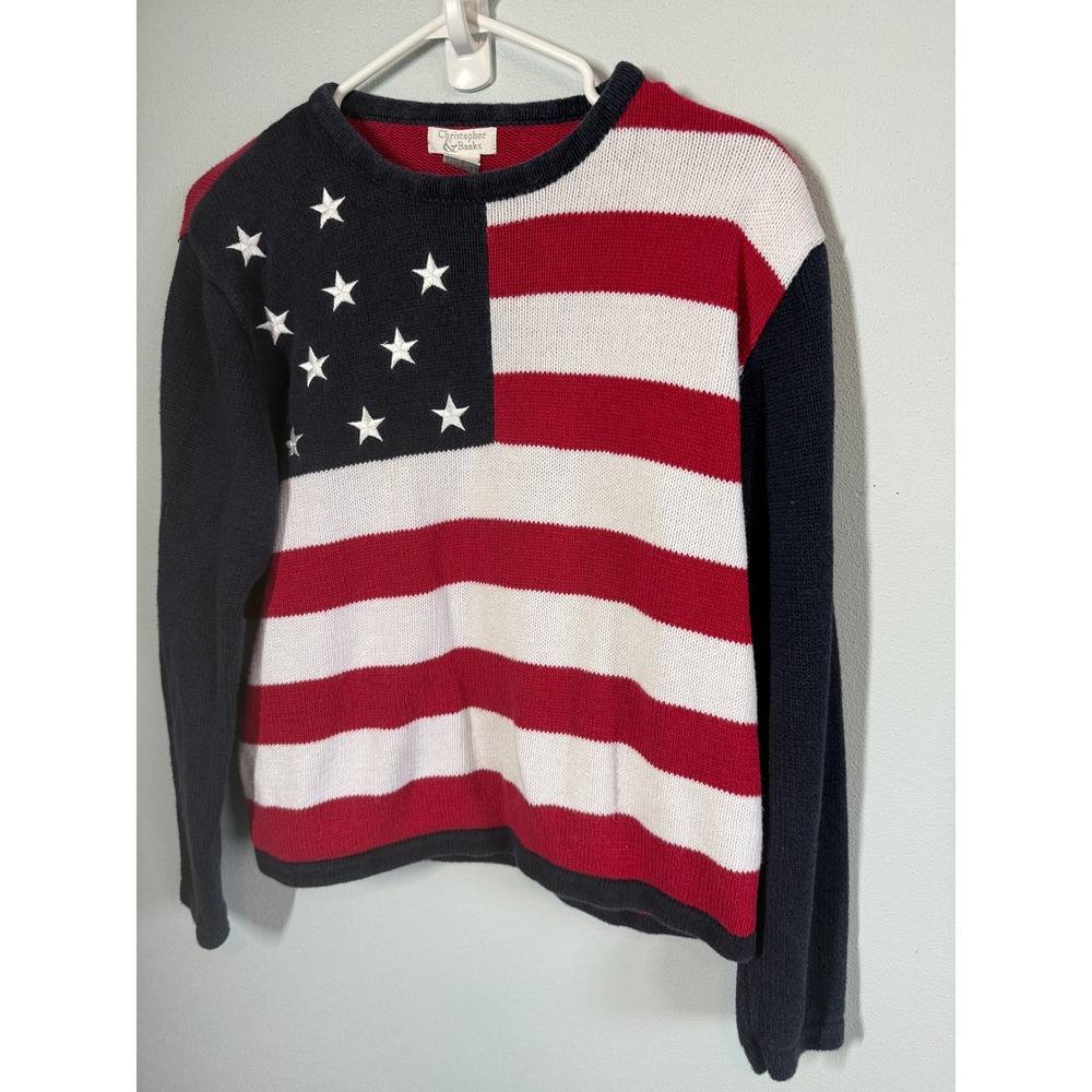 VTG Christopher & Banks Womens Sweater L Red White Blue American Flag Patriotic